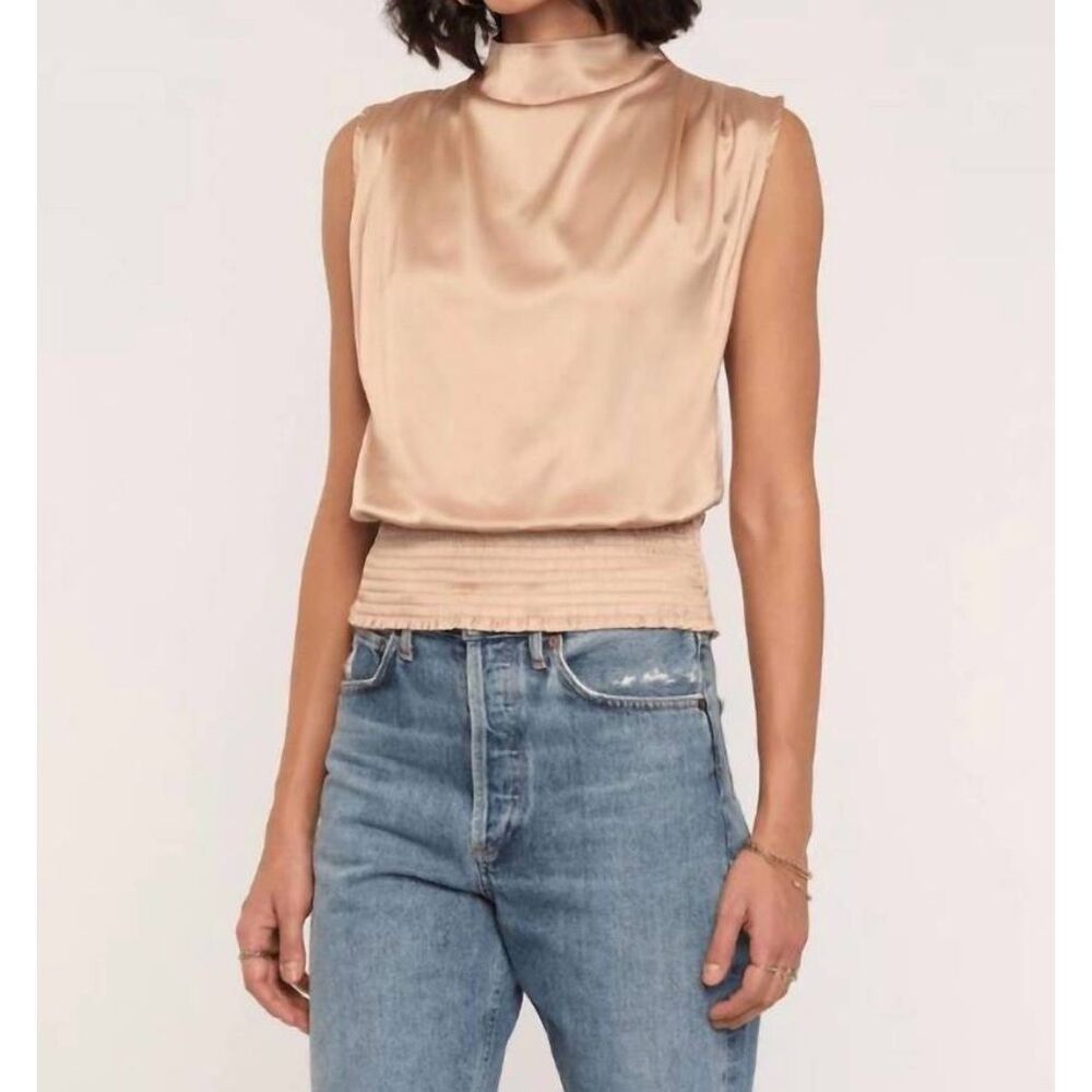 Heartloom Top Women’s M Tan Satin Sleeveless Cowl Neck Smocked Hem NWT